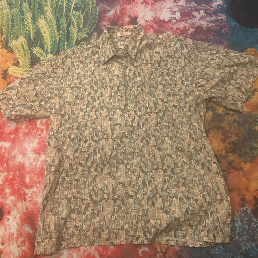 Vintage Hawaiian Shirt Geometric Palm Trees